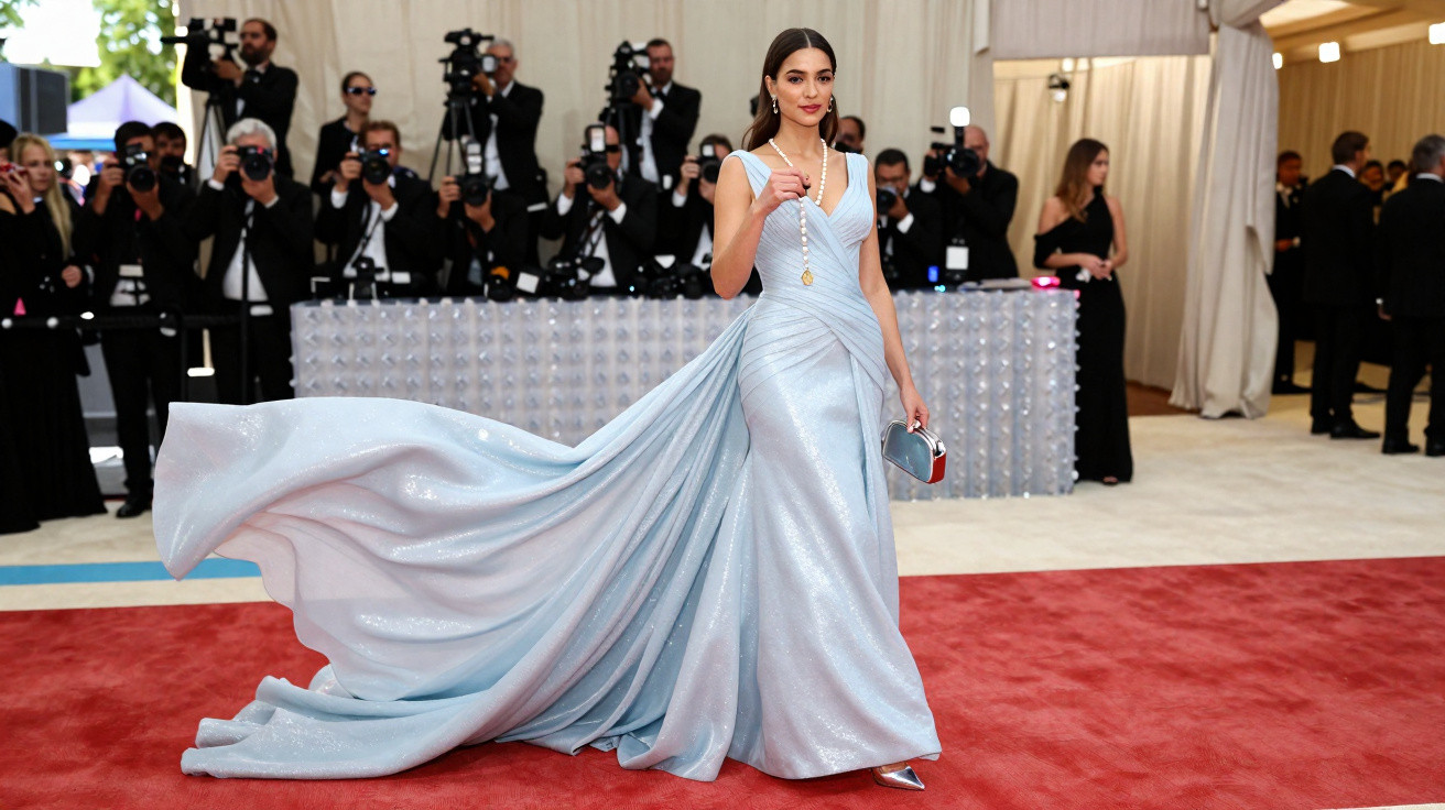 Mulher em vestido longo azul claro esvoaçante posando em tapete vermelho com fotógrafos ao fundo.