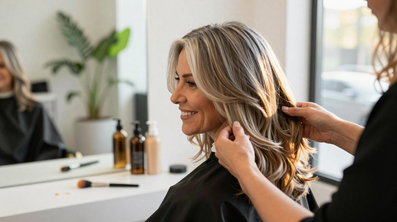 Mulher loira sorridente recebendo cuidados no cabelo em salão de beleza moderno e iluminado.