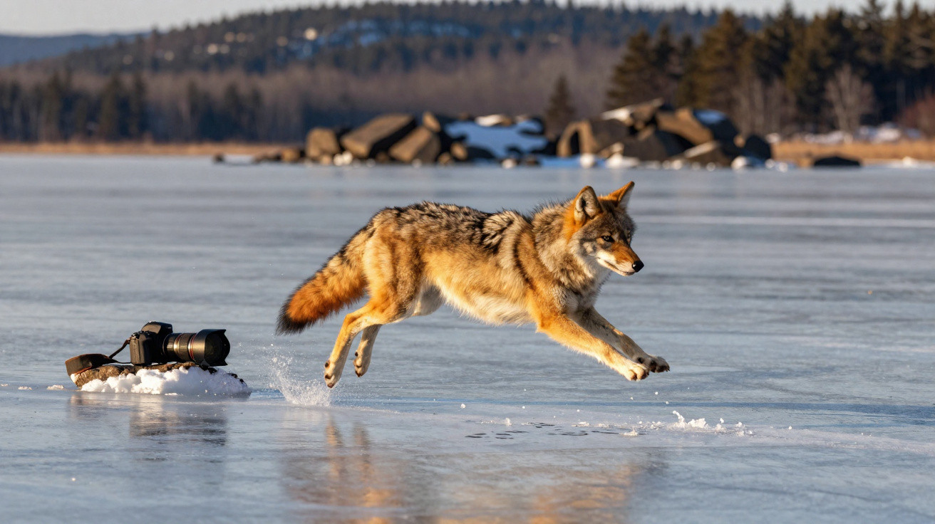 Lobo em salto sobre lago congelado com câmera fotográfica no gelo ao fundo e árvores ao longe.