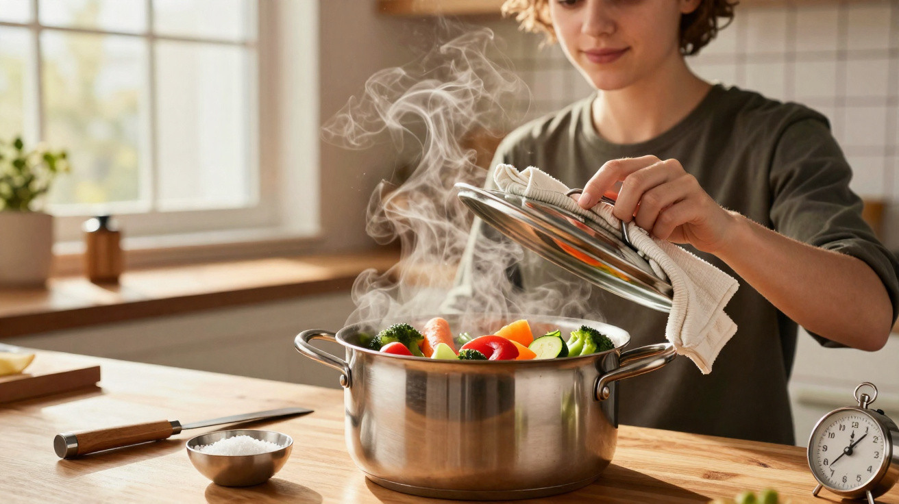 Pessoa abrindo tampa de panela com legumes variados cozinhando em cozinha iluminada natural.