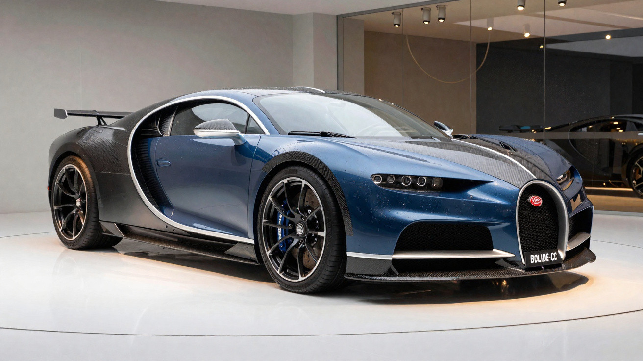 Carro esportivo Bugatti azul com detalhes em fibra de carbono exibido em estande interno moderno.