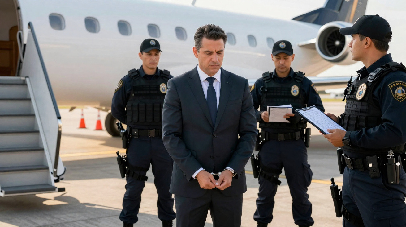 Homem algemado em terno é escoltado por quatro policiais em aeroporto próximo a avião branco.