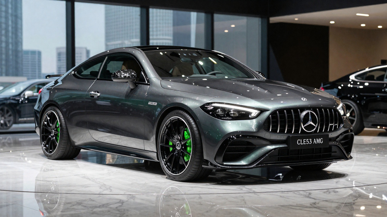 Mercedes-Benz CLE53 AMG cinza metálico em destaque dentro de showroom moderno e iluminado.