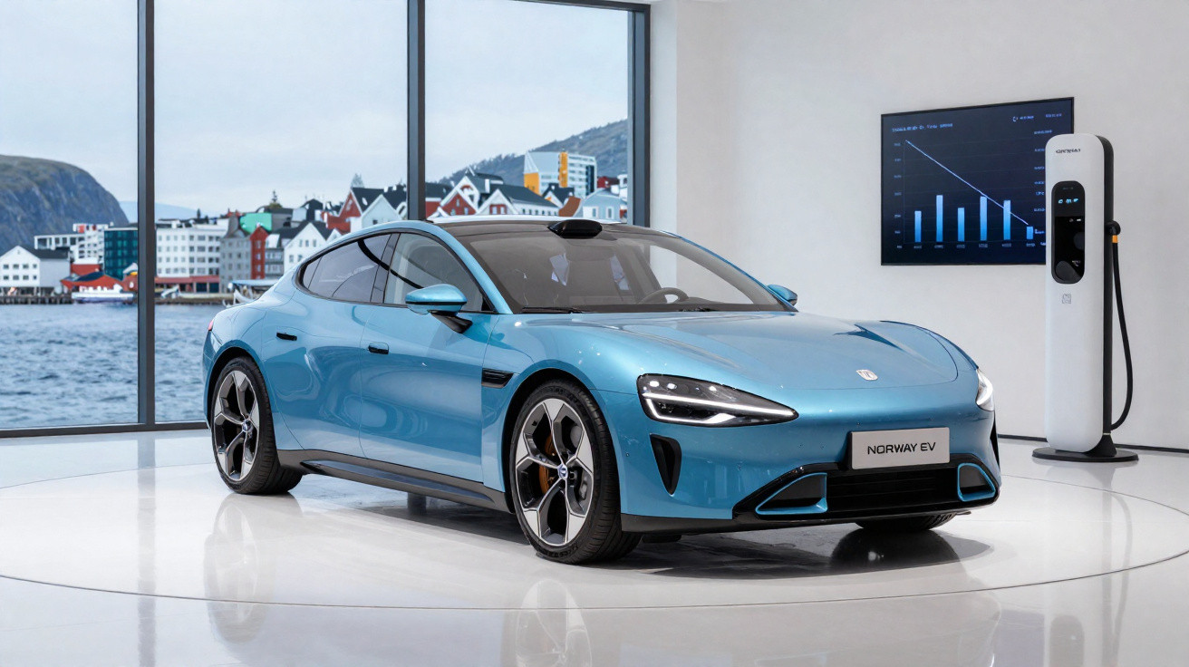 Carro elétrico azul exposto em sala moderna com painel e estação de carregamento ao fundo.