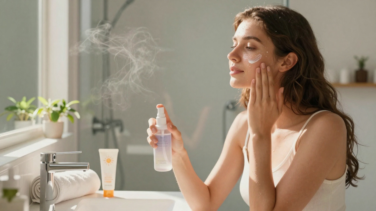 Mulher aplicando spray facial e creme no rosto em banheiro iluminado por luz natural.