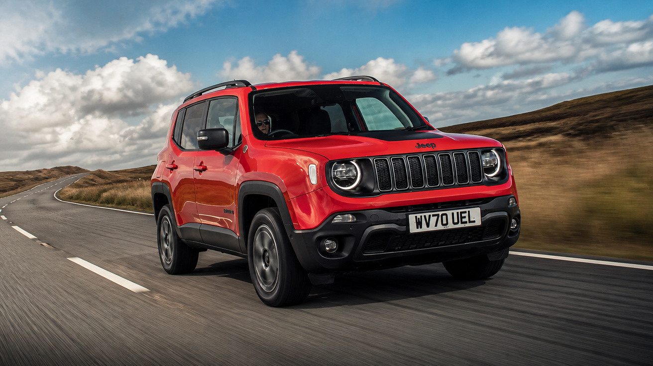 SUV vermelho Jeep Renegade trafegando em estrada asfaltada sob céu parcialmente nublado