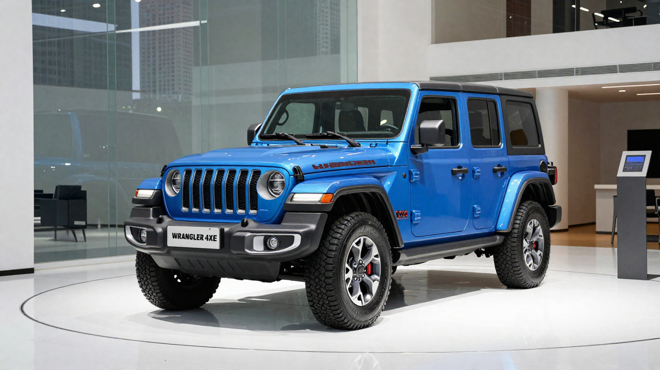 Jeep Wrangler 4xe azul exibido em showroom moderno com iluminação branca.