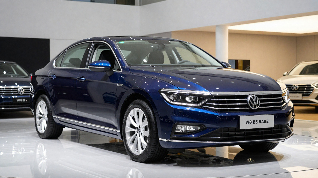 Carro sedan Volkswagen W8 B5 Rare azul escuro exposto em salão com piso branco refletivo.
