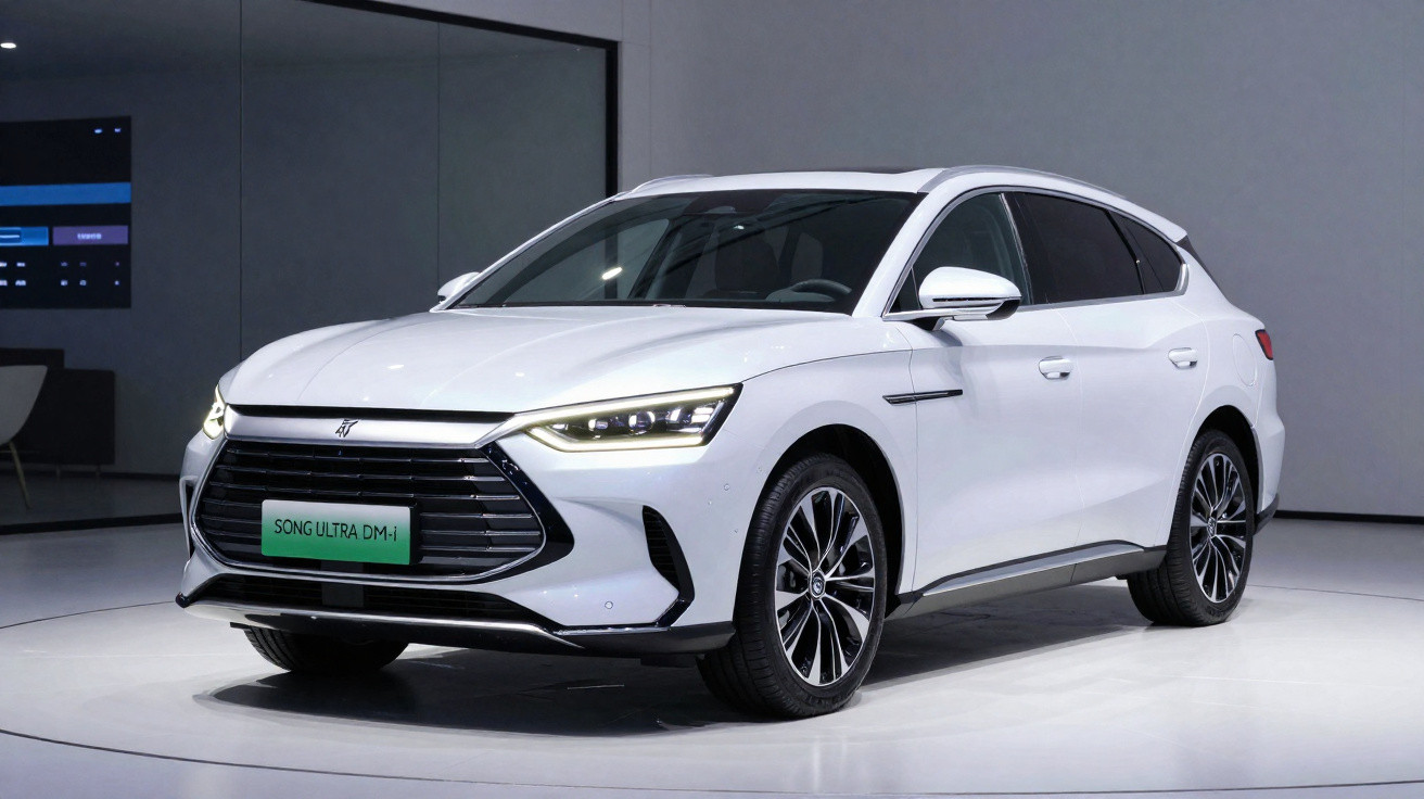 Carro elétrico branco BYD Song Ultra DM-i exibido em ambiente interno minimalista.