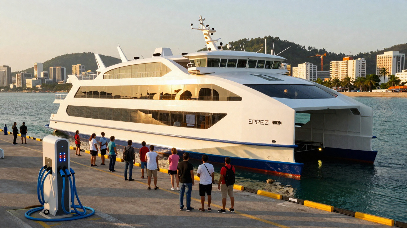 Transeuntes aguardam embarque em catamarã branco com refletor solar, atracado em pier à beira-mar urbanizado.