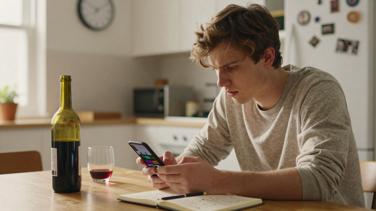 Jovem sentado à mesa usando celular, ao lado de garrafa e copo de vinho e um caderno aberto em cozinha.
