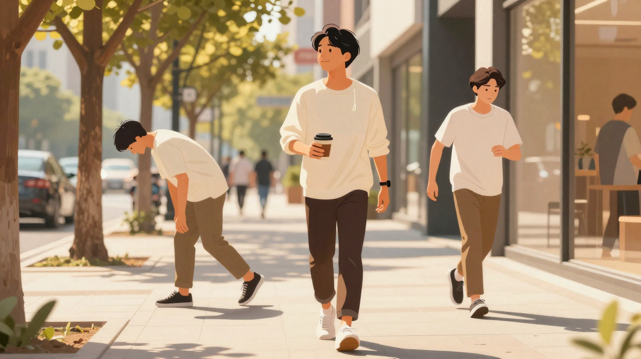 Três jovens caminhando em calçada urbana com árvores e luz do sol ao fundo.