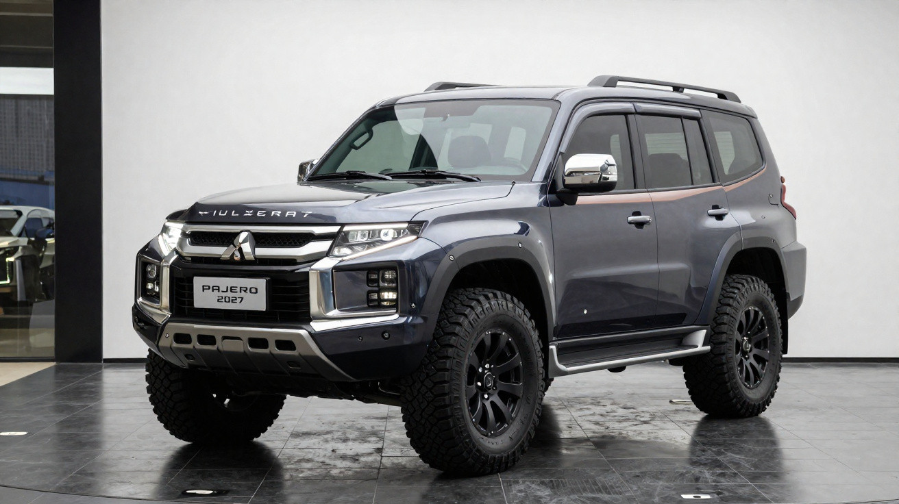 SUV Mitsubishi Pajero 2027 cinza metálico estacionado em piso de pedra dentro de showroom.