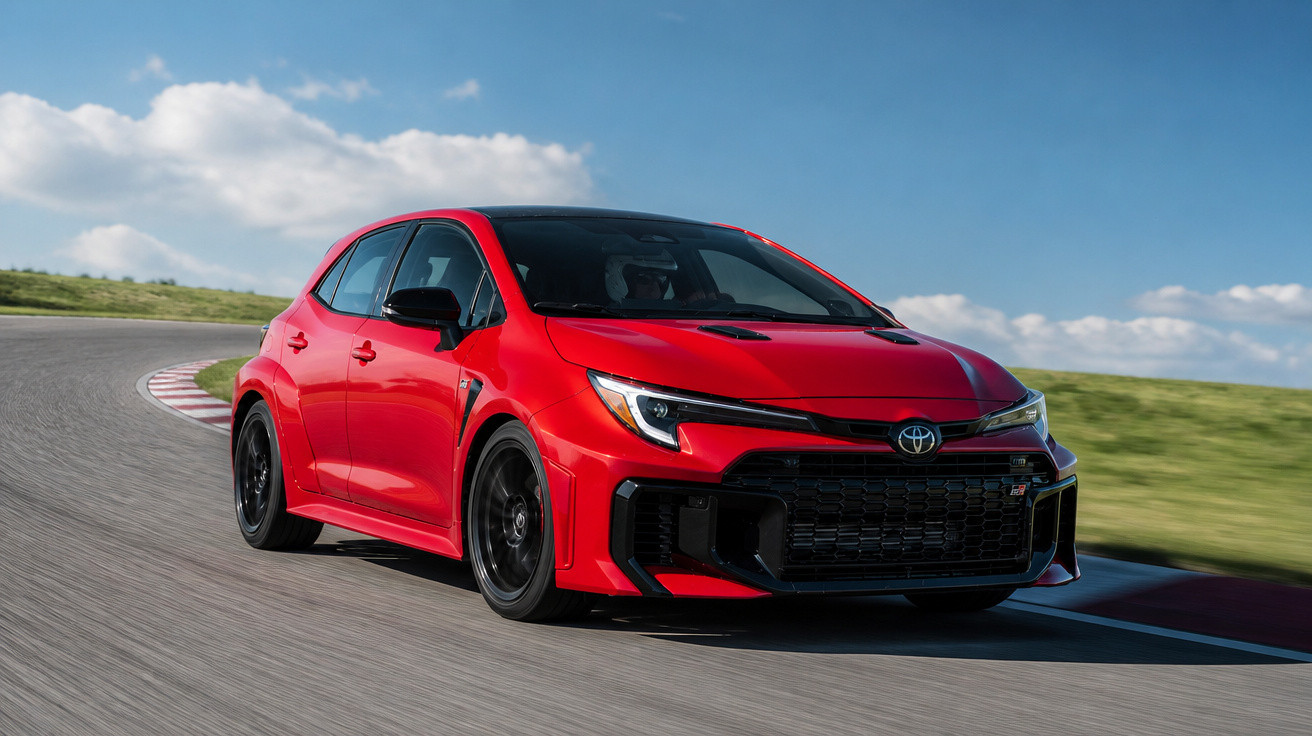 Carro esportivo vermelho Toyota GR Yaris em curva de pista de corrida sob céu azul.