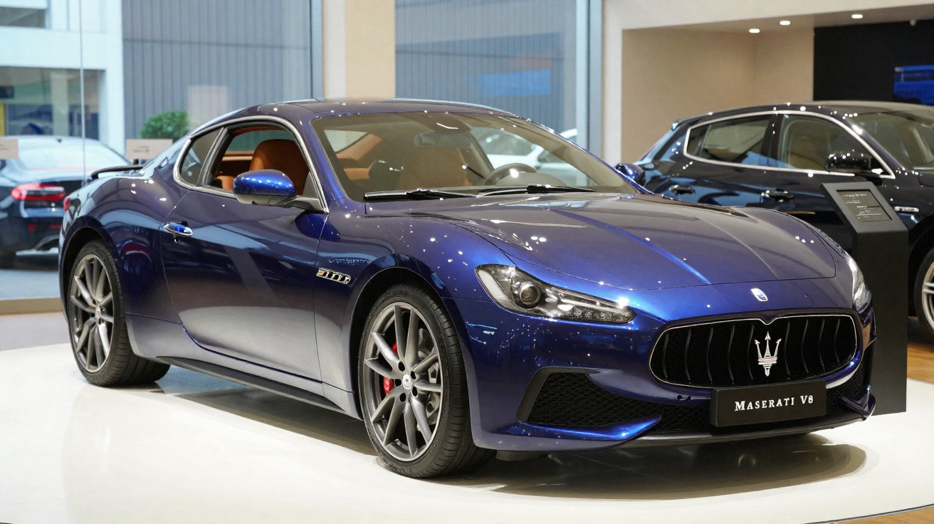 Carro esportivo Maserati V8 azul em exposição dentro de showroom moderno com interior luxuoso.