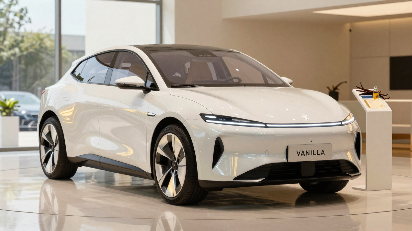 Carro elétrico branco moderno em exposição interna com placa dianteira escrita Vanilla.