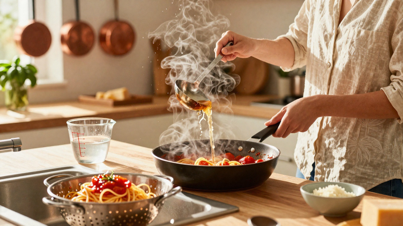 Pessoa preparando molho de macarrão com vapor saindo da panela em cozinha aconchegante.