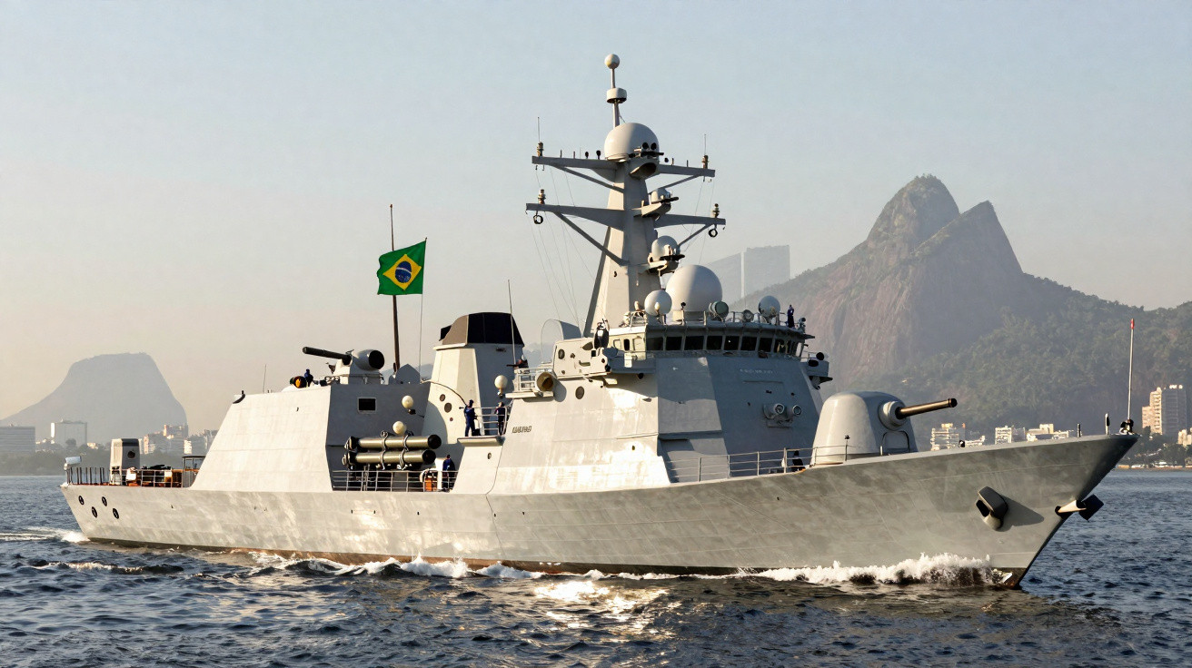Navio militar brasileiro navegando em mar calmo com montanhas ao fundo.