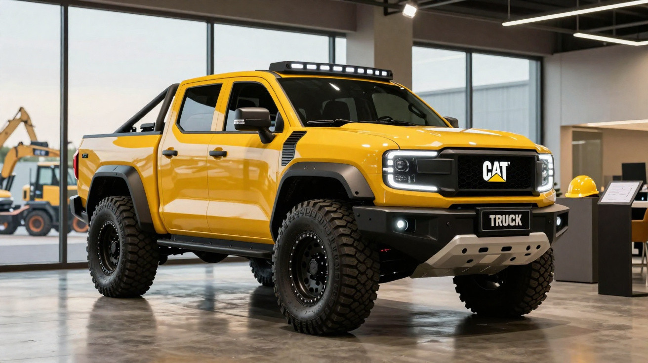 Picape amarela CAT com pneus off-road exposta em showroom moderno com retroescavadeiras ao fundo.