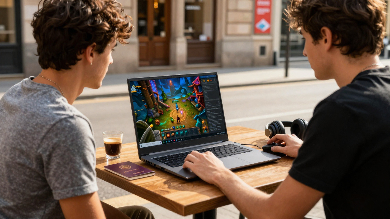 Dois jovens jogam videogame em um laptop em uma mesa de madeira ao ar livre.