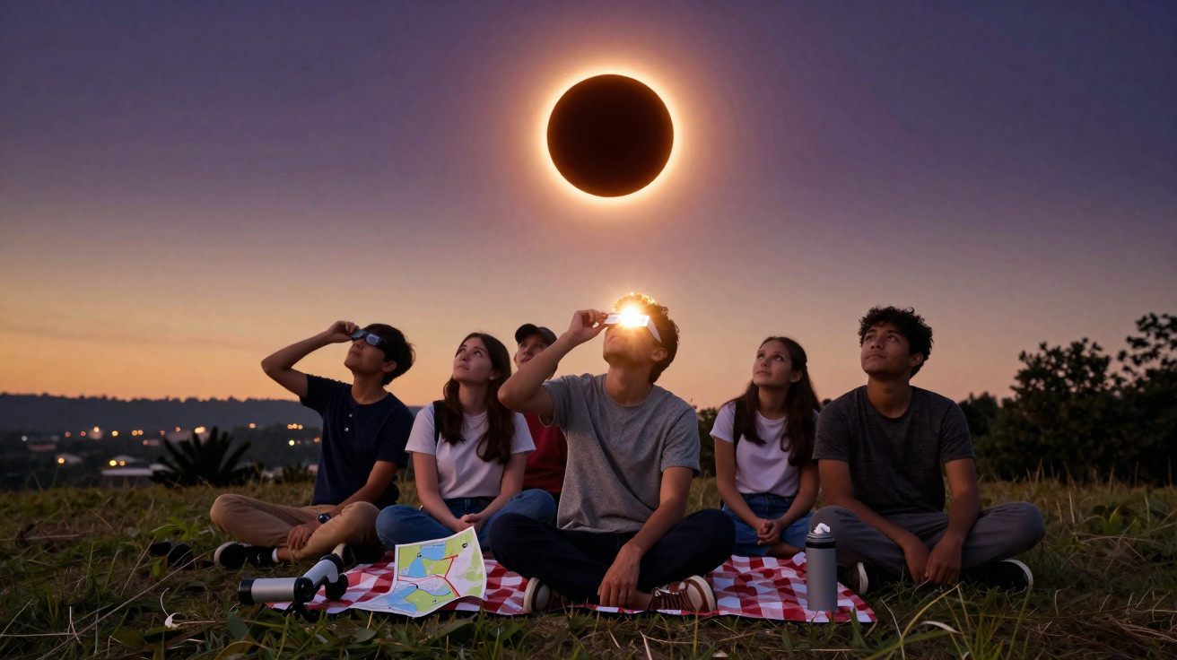 Grupo de jovens sentado em campo observando eclipse solar usando óculos especiais ao entardecer.