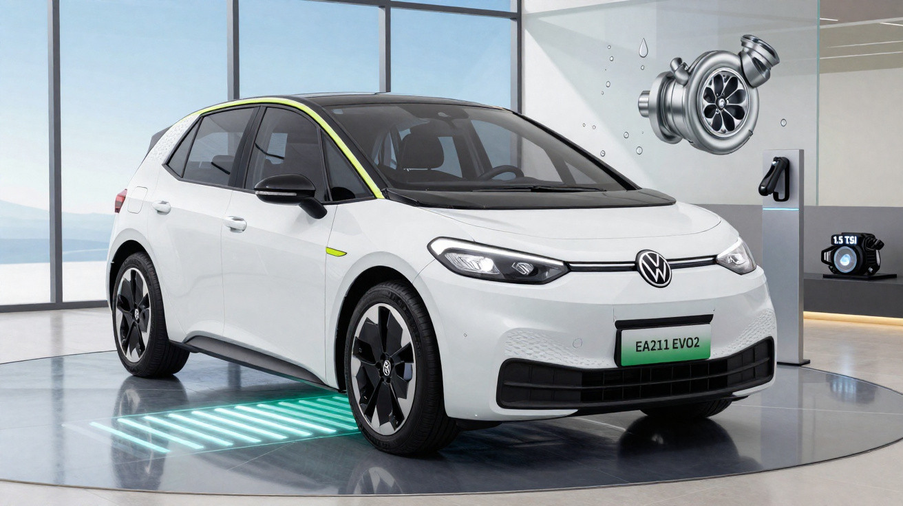Carro elétrico branco da Volkswagen em showroom moderno com motor e turbina ao fundo.