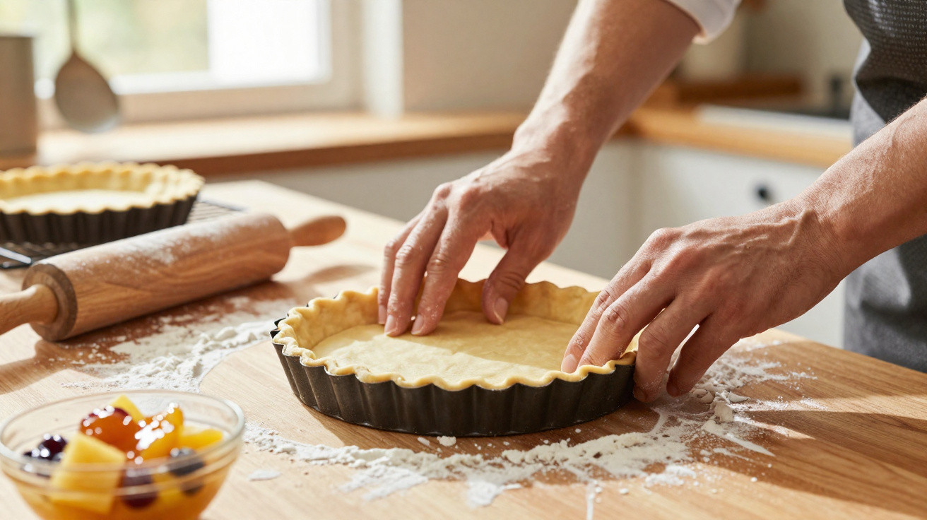 Mãos preparando massa de torta em forma, com rolo de massa e frutas em tigela ao lado na cozinha.