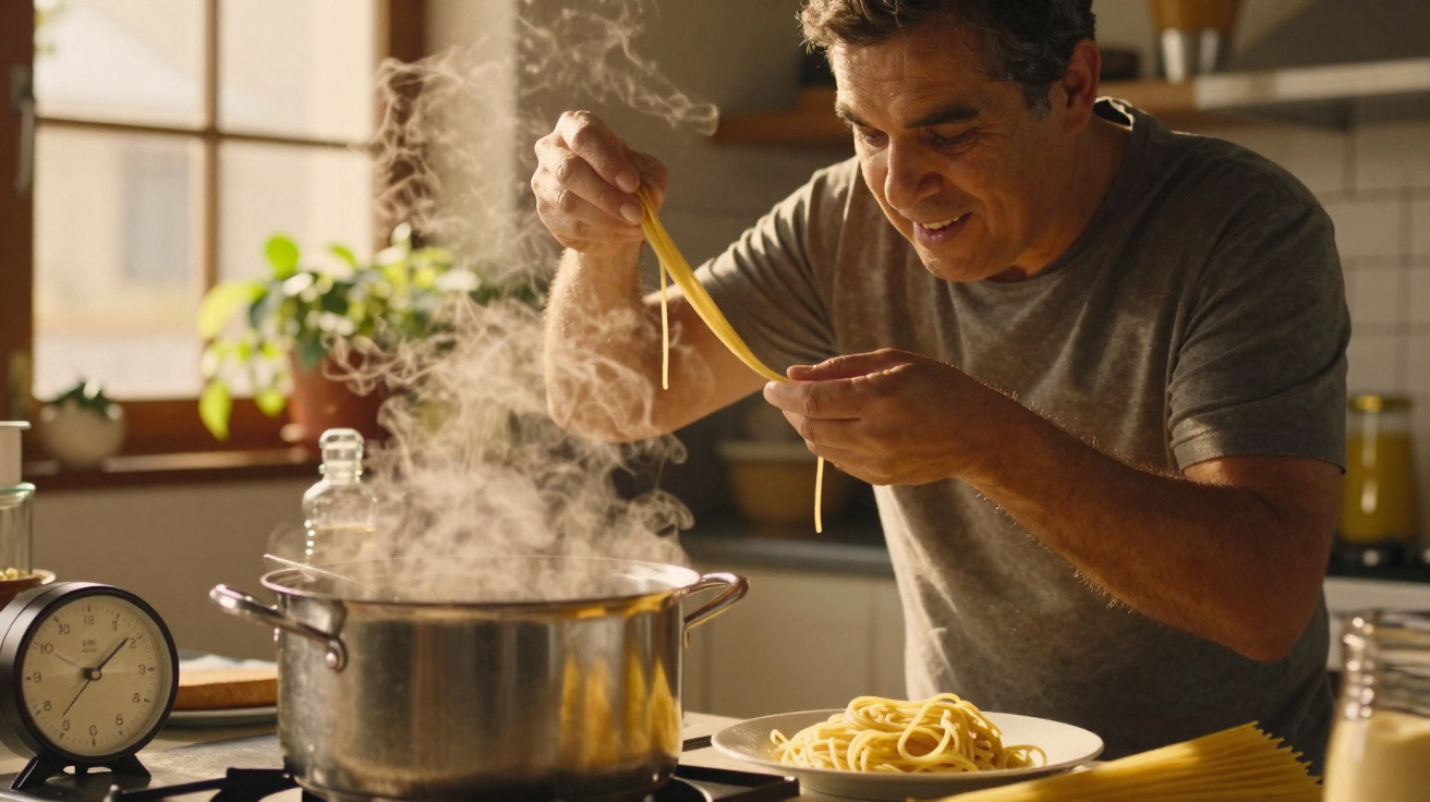 Homem cozinha macarrão em panela fumegante enquanto sorri na cozinha iluminada pelo sol.