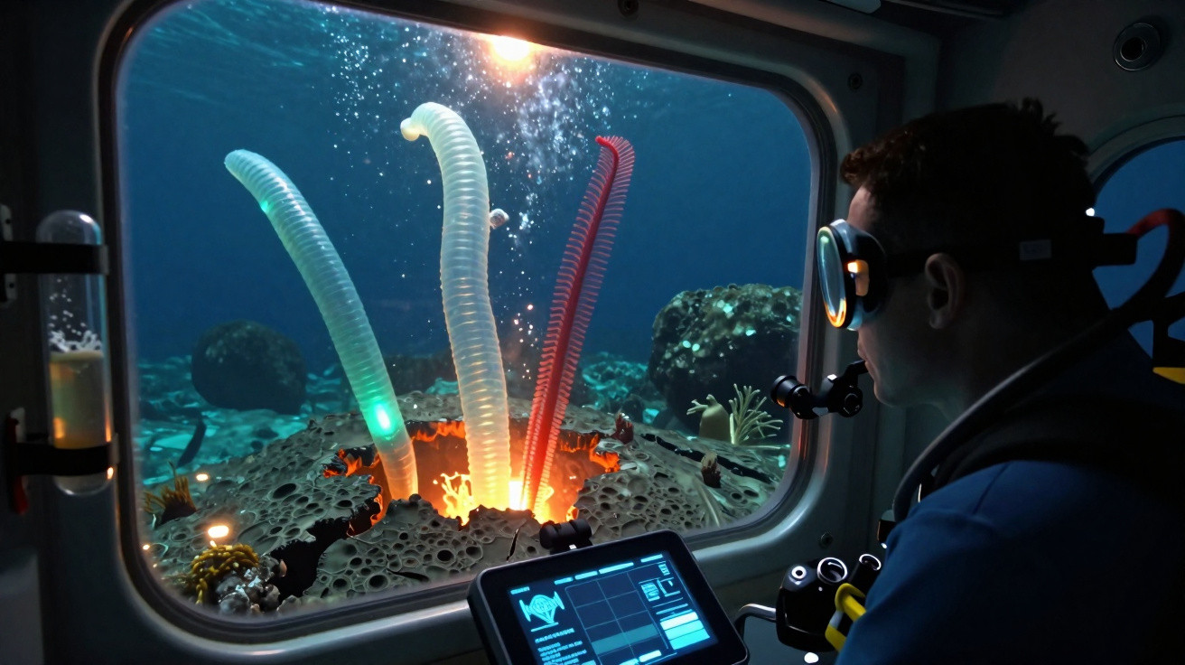 Pessoa em submarino observa formações marinhas brilhantes com tubos grandes e coloridos no fundo do oceano.