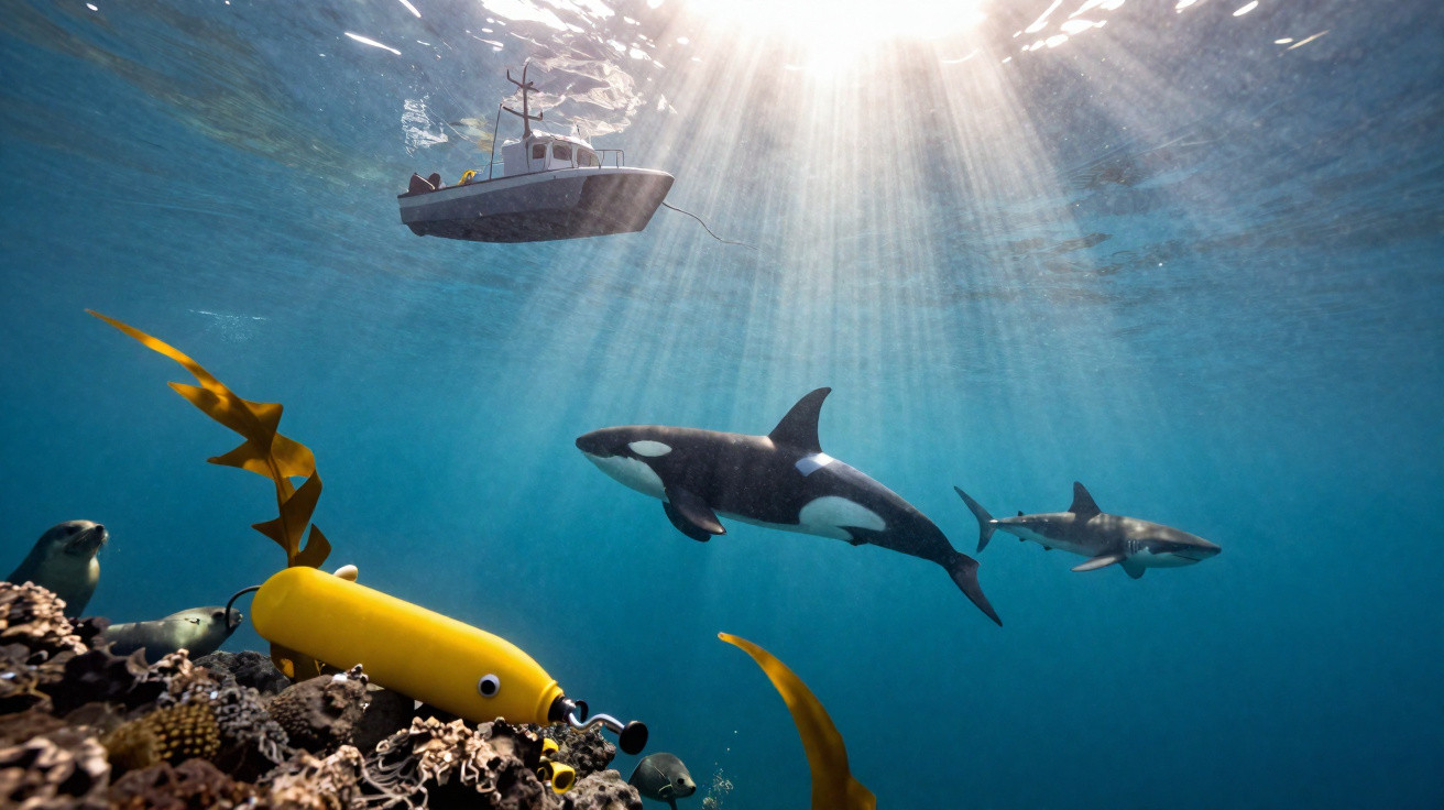 Barco na superfície do mar com baleia, tubarão, robô subaquático e focas entre corais.