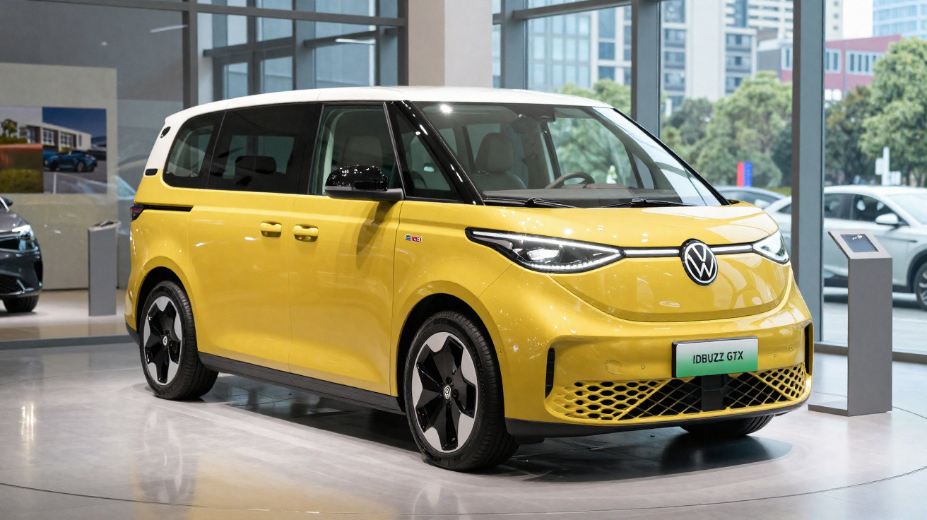 Carro elétrico VW ID.Buzz GTX amarelo em exposição, com teto branco, em showroom moderno.