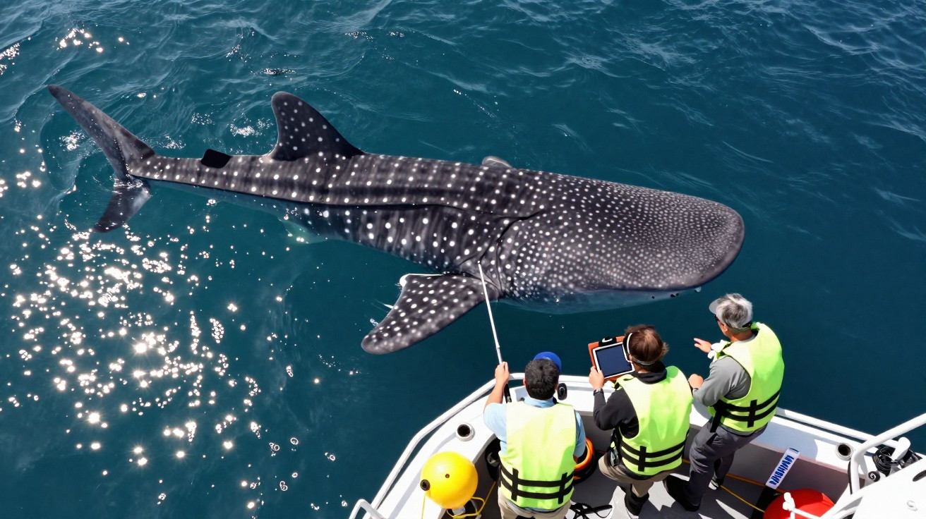 Baleia-jubarte próxima a barco com três pessoas de colete salva-vidas observando e registrando o animal marinho.