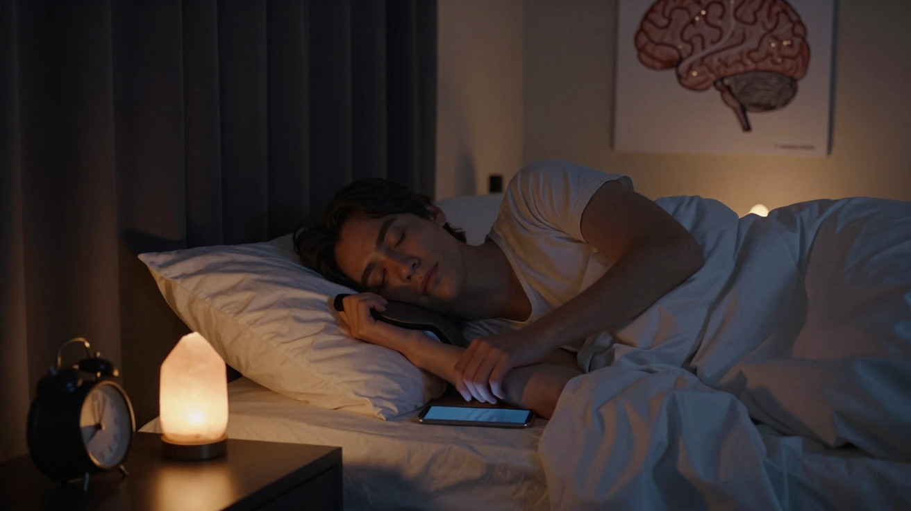 Homem dormindo abraçado a um celular na cama durante a noite com iluminação suave.