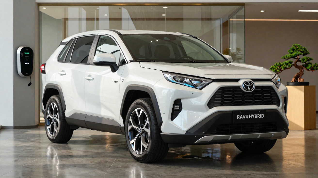 SUV branco Toyota RAV4 Hybrid estacionado em ambiente interno com carregador elétrico na parede.