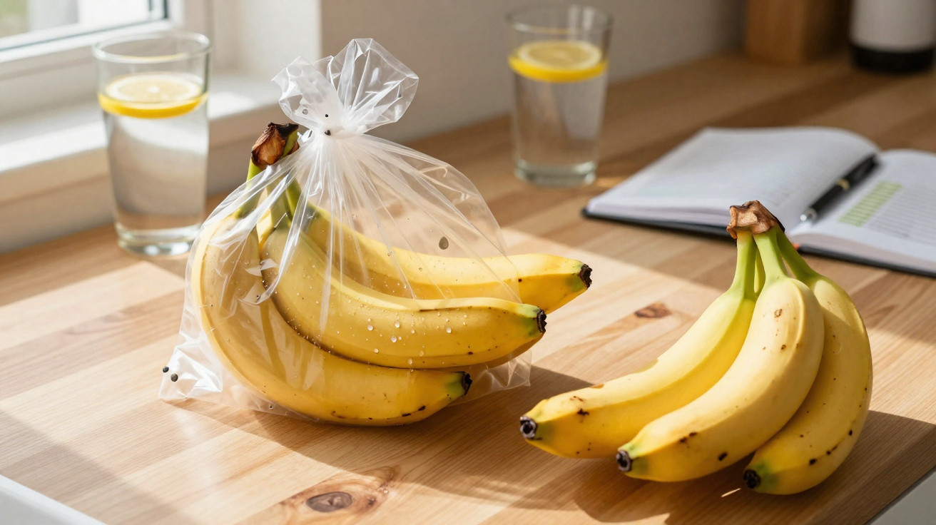 Cachos de banana, um dentro de saco plástico e outro sobre bancada de madeira, com copos de água e caderno ao fundo.
