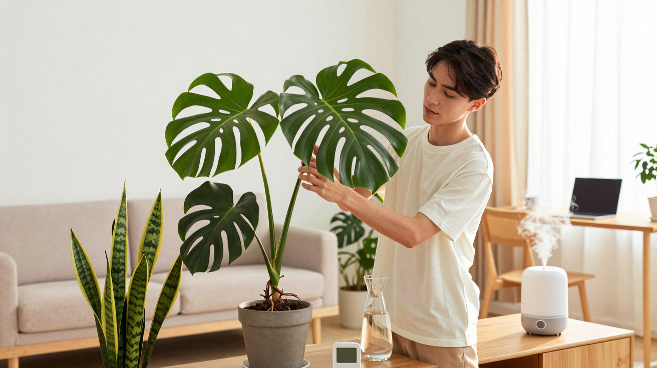 Jovem cuidando de planta monstera em vaso dentro de sala iluminada com sofá e difusor.