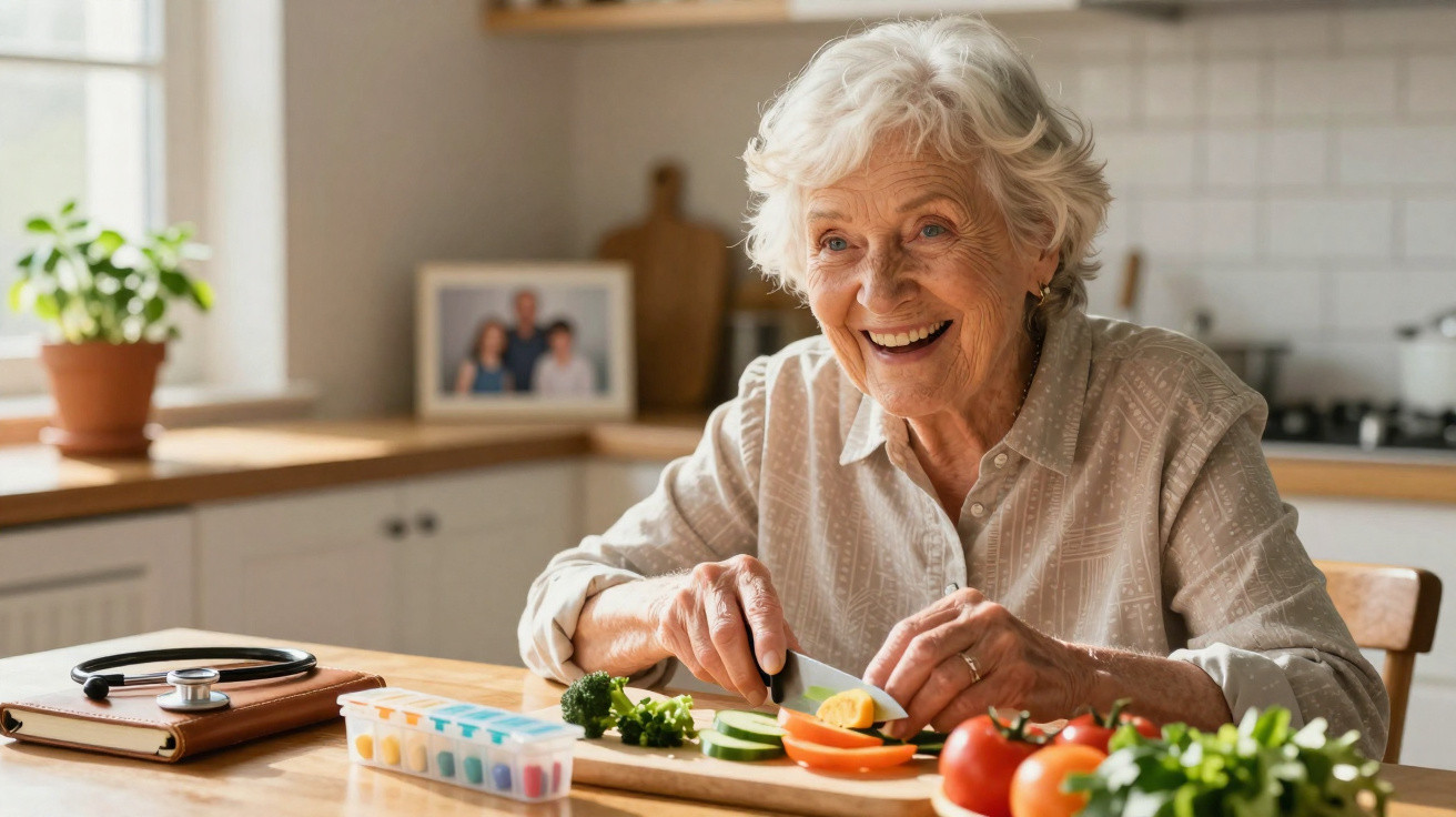 Mulher idosa sorridente cortando legumes frescos na cozinha iluminada pela manhã.