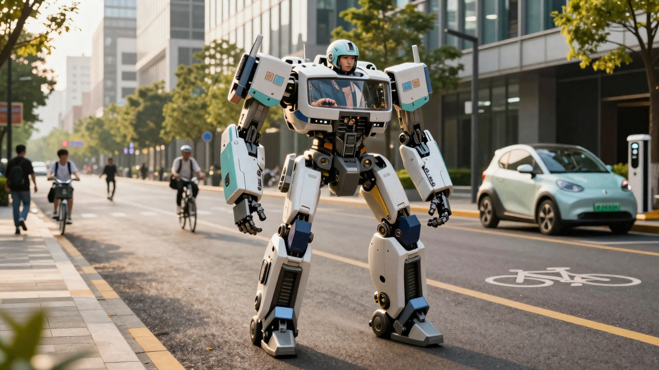 Pessoa vestida com traje robótico futurista andando em rua movimentada com ciclistas e carros ao fundo.