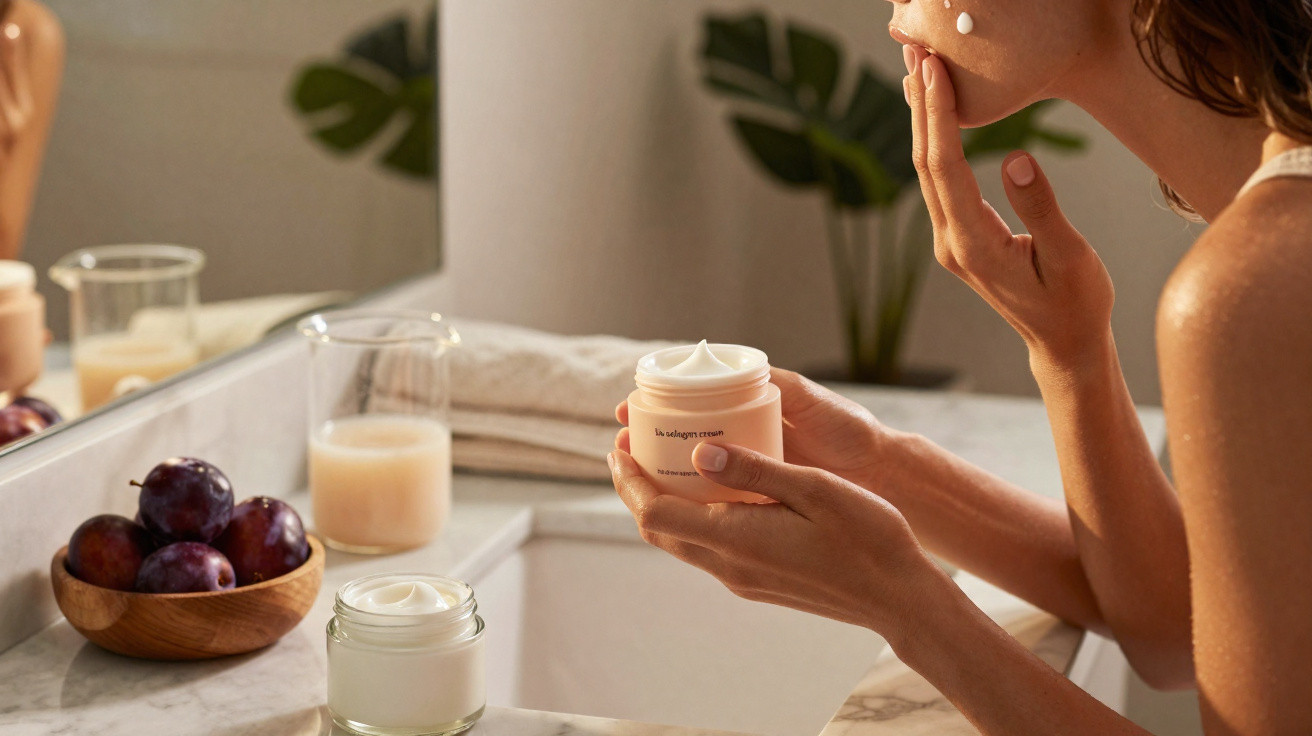 Mulher aplicando creme facial perto da pia com frutas e toalha em ambiente iluminado.