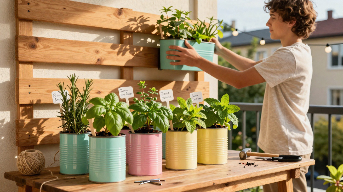Criança cuidando de plantas em vasos coloridos sobre mesa de madeira em varanda ensolarada.