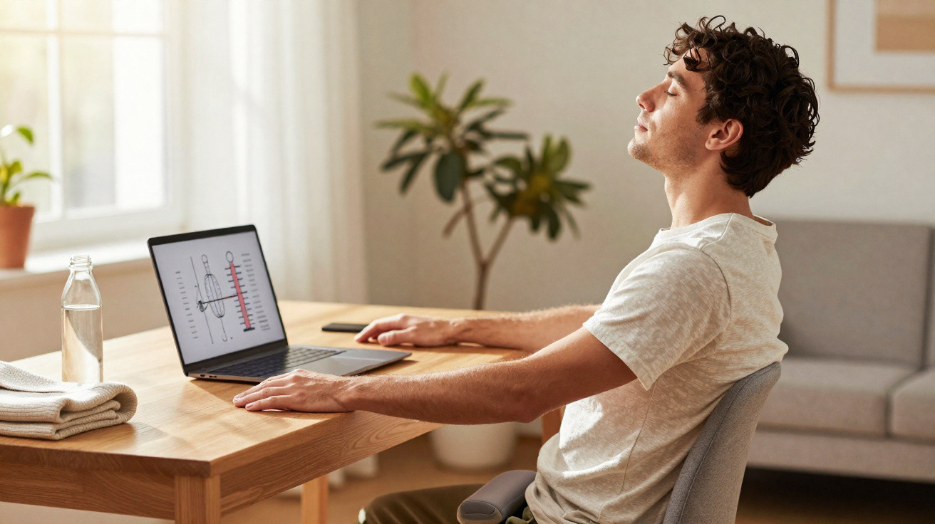 Homem sentado relaxando com os olhos fechados diante de laptop em mesa de madeira clara, em ambiente claro e confortável.