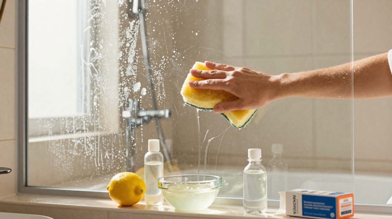 Mão segurando esponja amarela para limpar vidro de banheiro com produtos de limpeza e limão na bancada.