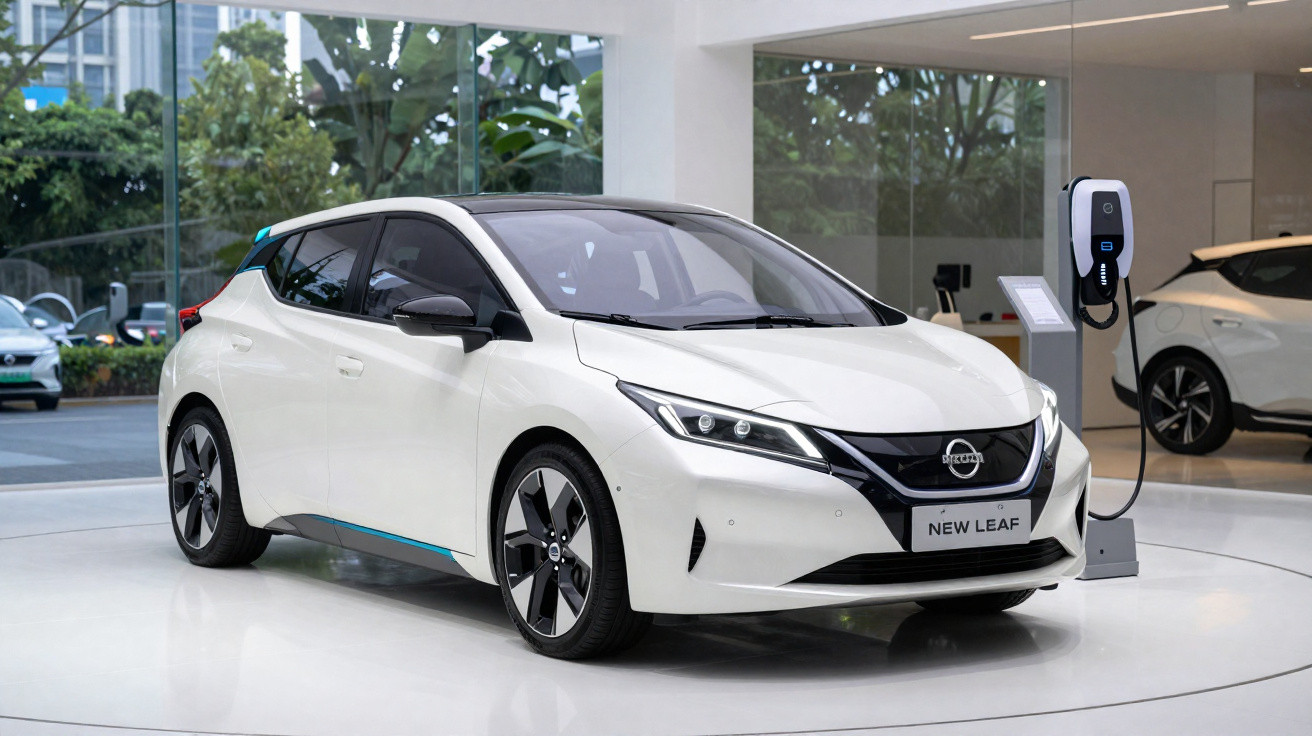 Carro elétrico Nissan New Leaf branco em exposição com carregador veicular ao lado.