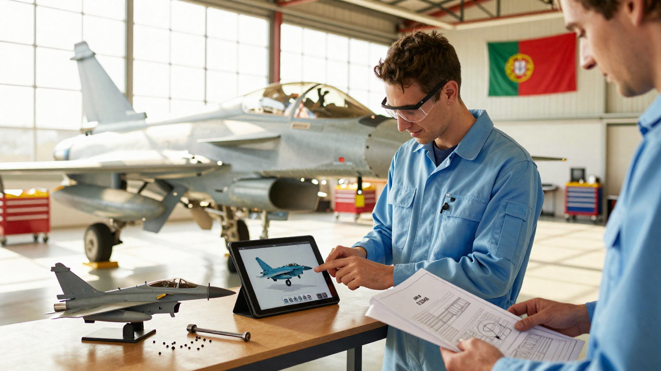 Dois técnicos em uniforme azul analisam projeto de jato em tablet, com modelo e avião militar ao fundo.