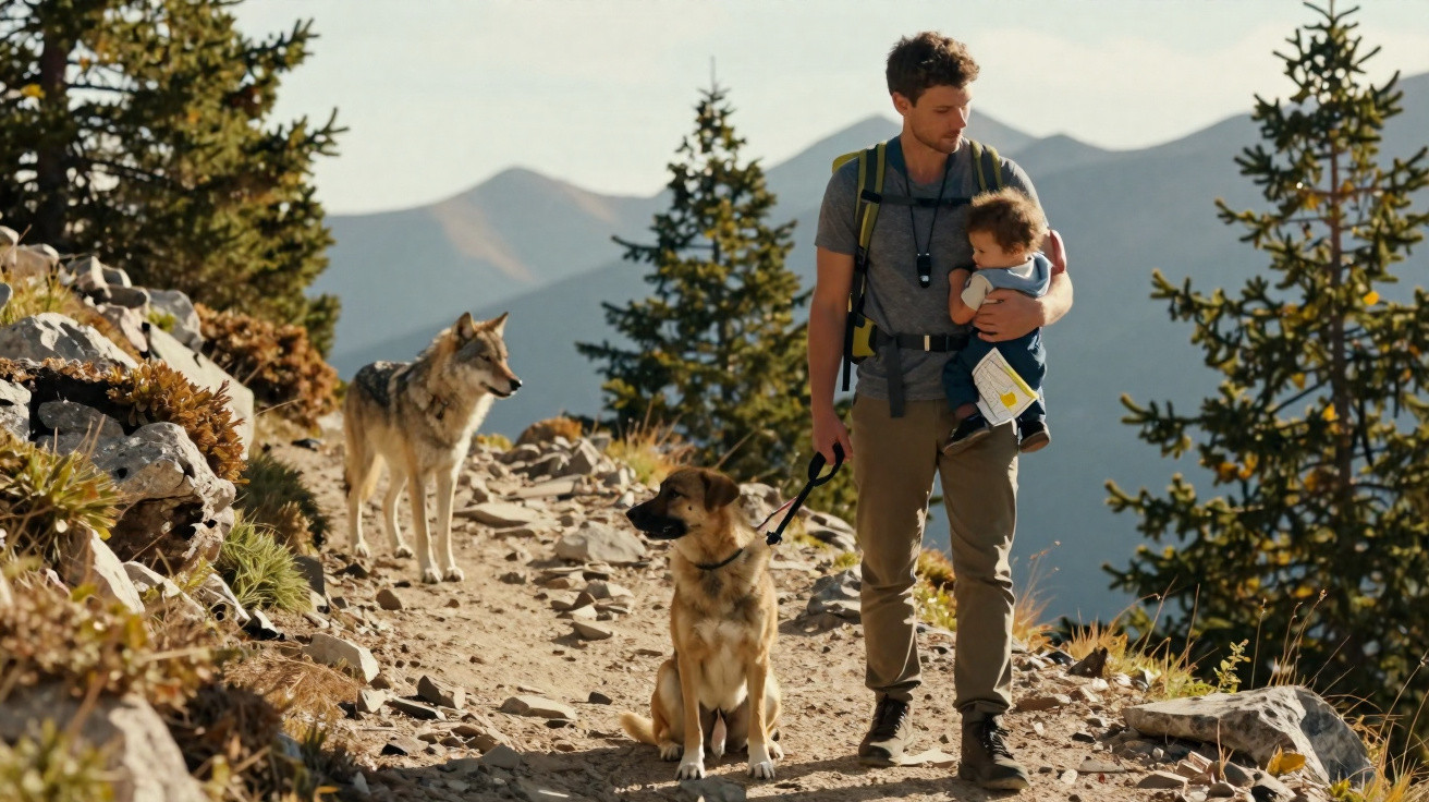 Homem com criança no colo e cachorro guia em trilha na montanha, com lobo ao fundo.
