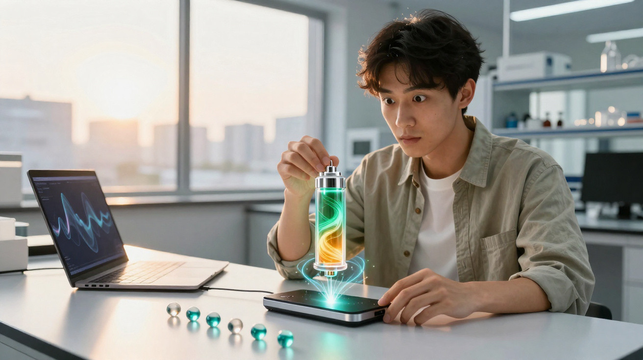 Jovem em laboratório com bateria digital holográfica acima de smartphone sobre mesa branca.