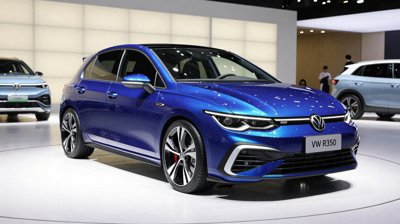 Carro Volkswagen VW R350 azul exibido em salão automotivo com iluminação moderna e outros veículos ao fundo.