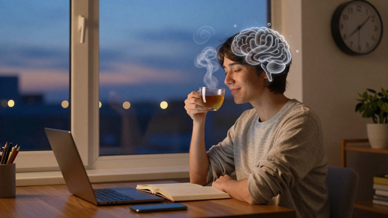 Pessoa tomando chá e relaxando com ilustração de cérebro ao lado, em ambiente tranquilo à noite.