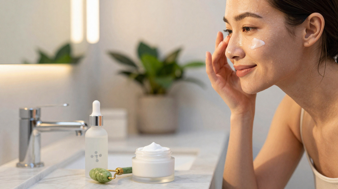 Mulher aplicando creme facial em um banheiro com produtos de cuidados da pele no balcão.