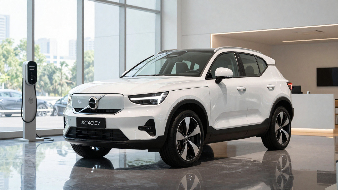 Carro elétrico Volvo XC40 EV branco estacionado em showroom moderno com carregador elétrico ao lado.